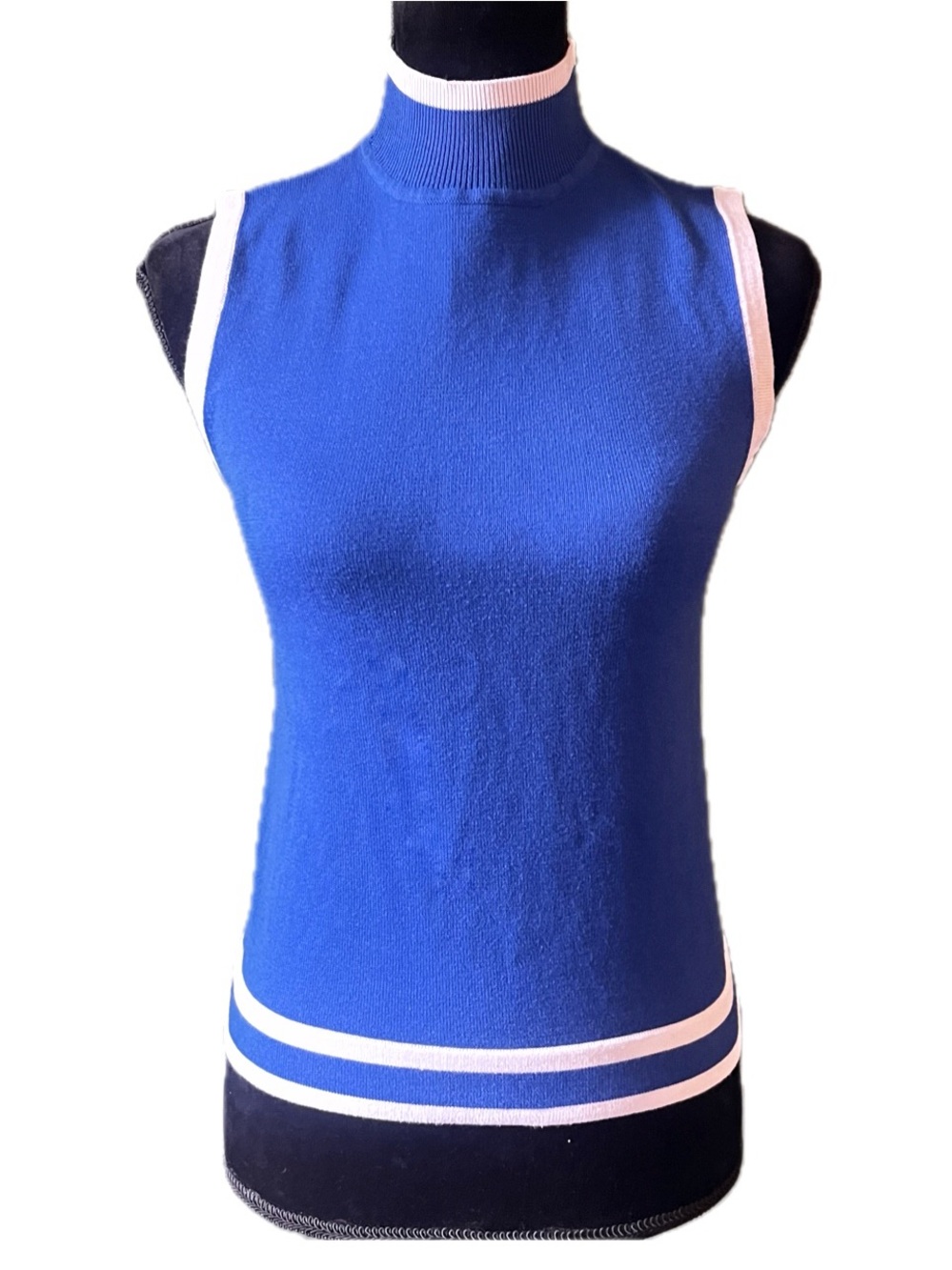 RGL New York Vintage Mock Neck Sleeveless Royal Blue White Trim Sweater Sz Small